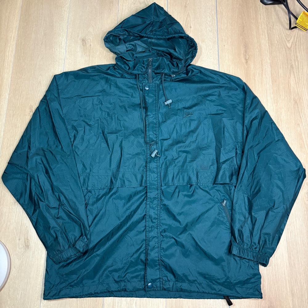 Vintage Speedo Windbreaker Jacket XL Teal Green Ripstop Hooded Full Zip‎ Vented